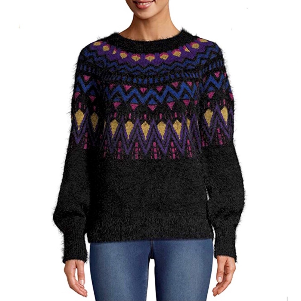 Time & Tru Fair Isle Black Fuzzy Sweater Size Small